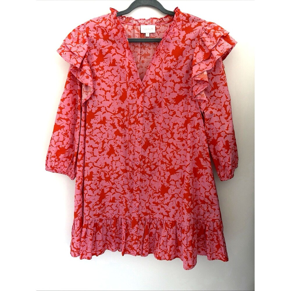 Sugarlips Sunset Floral Sammy Ruffle Top Drop Waist Dress Womens L Pink Warm Red - Picture 15 of 15